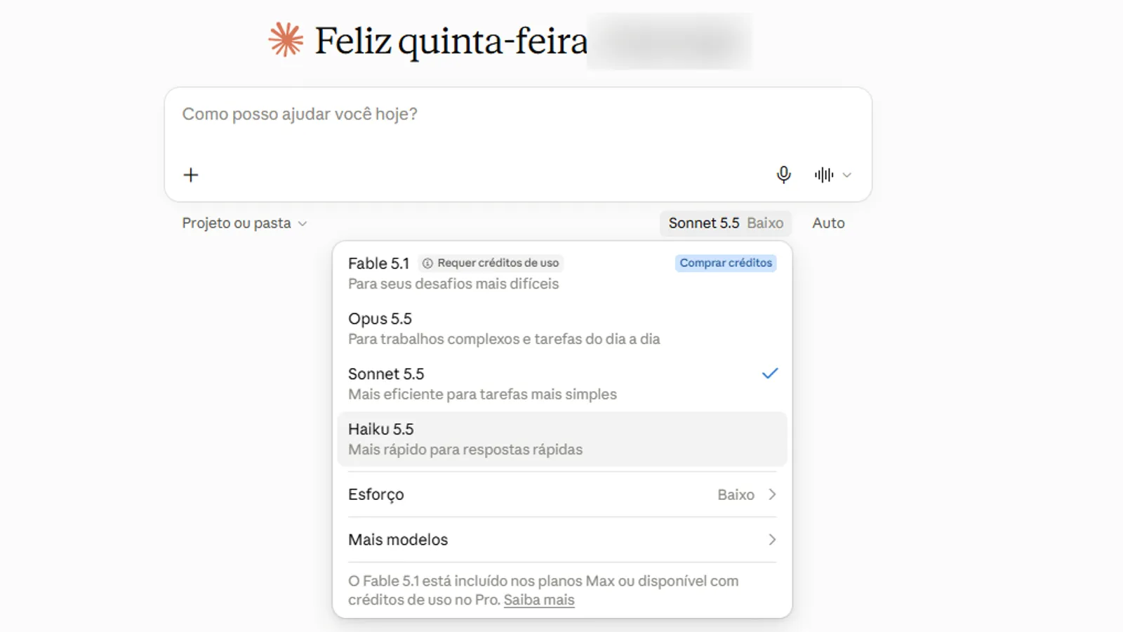 Seletor de modelos do Claude com Haiku, Sonnet, Opus e Fable, e a opção Esforço