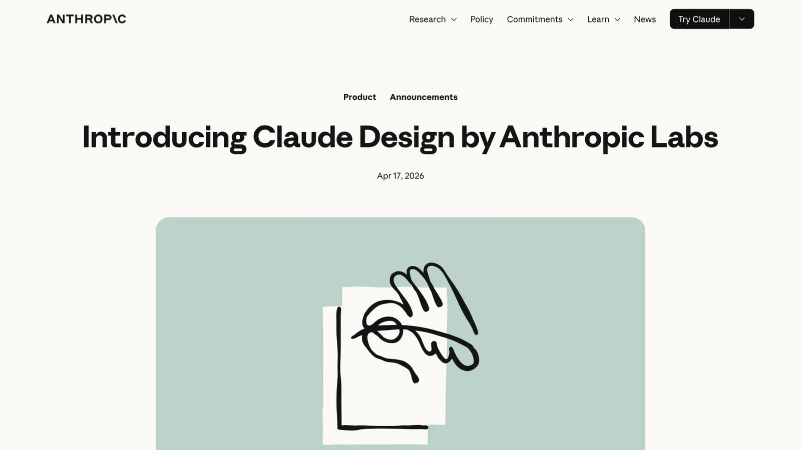 Anúncio do Claude Design no site da Anthropic, publicado em 17 de abril de 2026