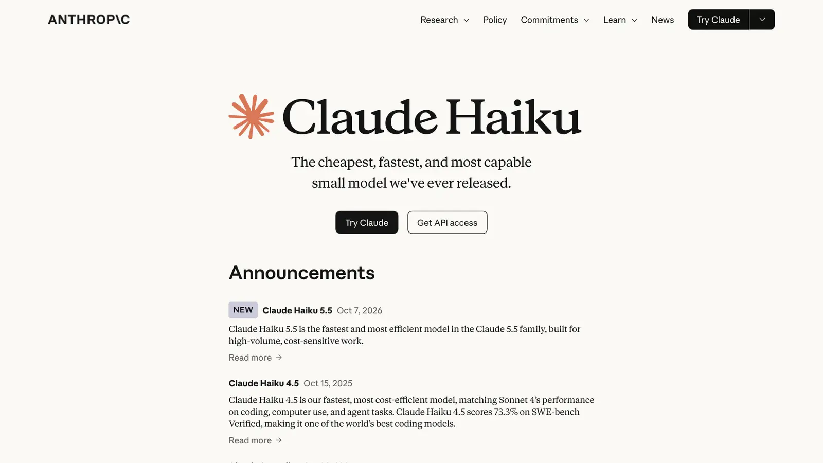 Página oficial do Claude Haiku no site da Anthropic com o anúncio do Claude Haiku 5.5, de 7 de outubro de 2026