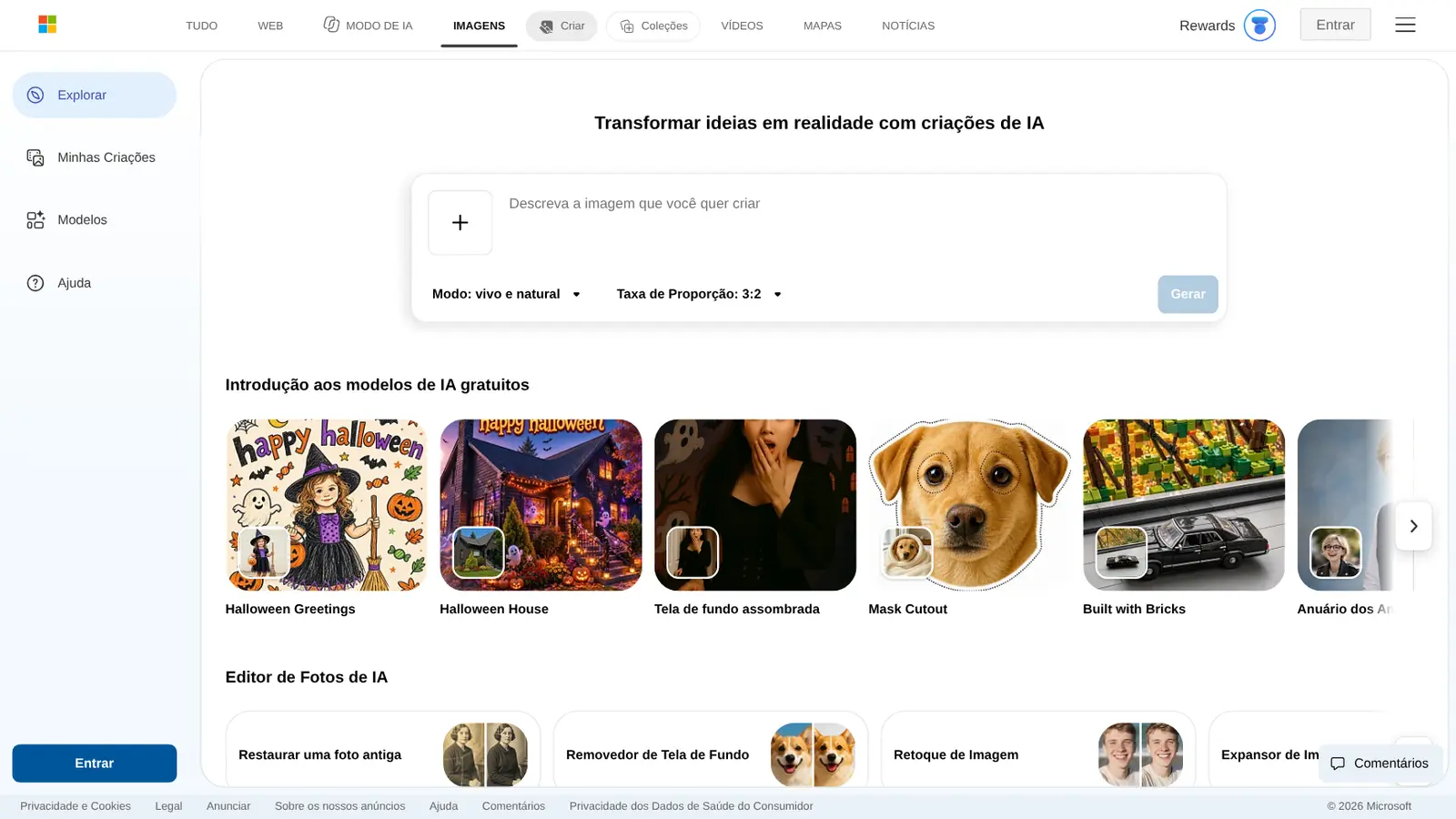 Página do Bing Image Creator com o campo para descrever a imagem e os modelos de IA gratuitos