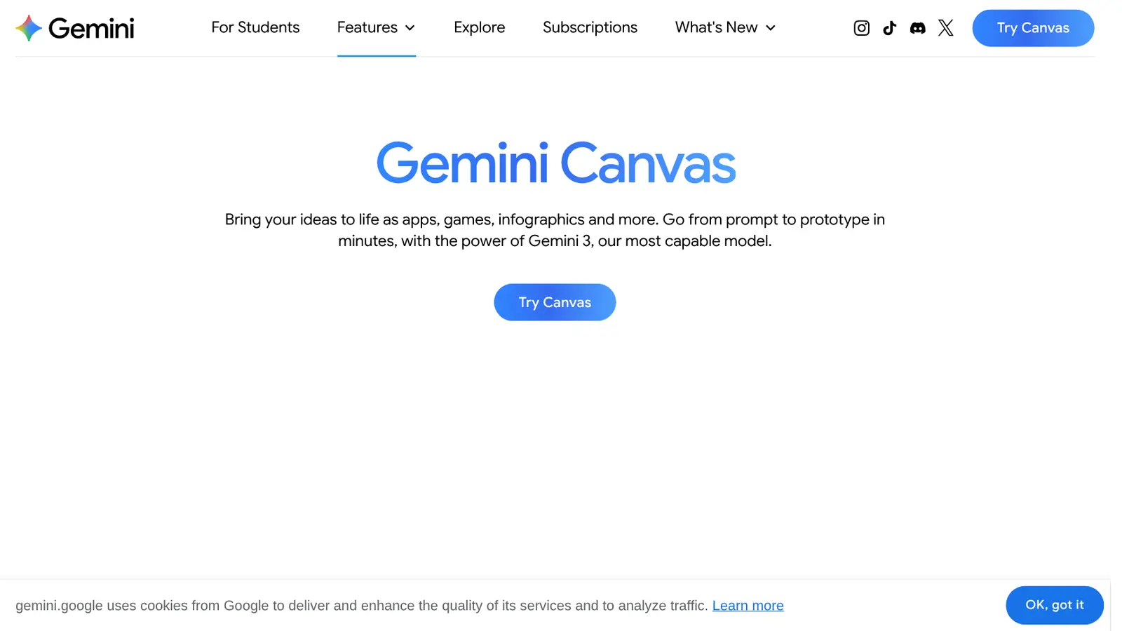 Página oficial do Gemini Canvas com o título e o botão Try Canvas