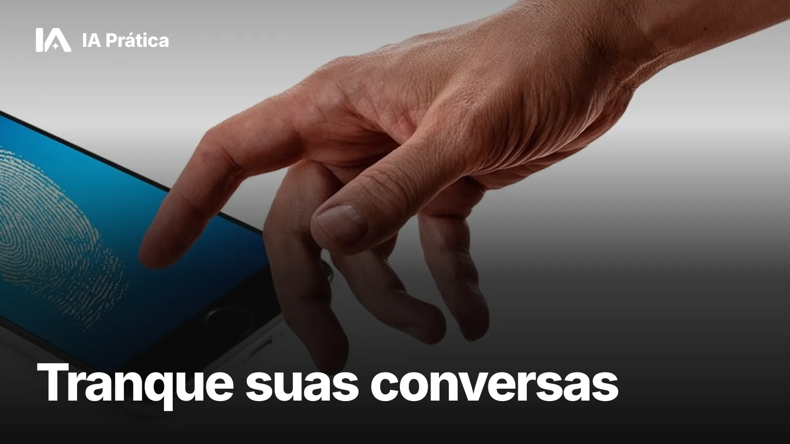 Mão se aproximando de um celular com uma impressão digital na tela azul
