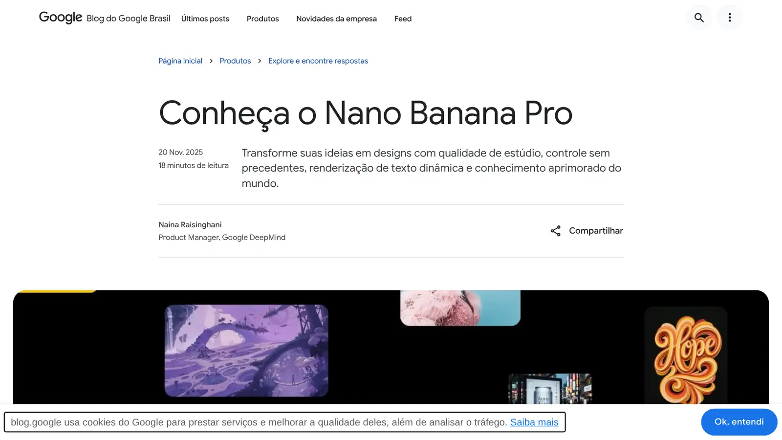 Post do Blog do Google Brasil de 20 de novembro de 2025 apresentando o Nano Banana Pro