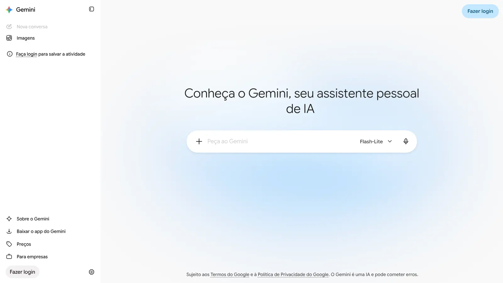Tela inicial do Google Gemini com a caixa "Peça ao Gemini"