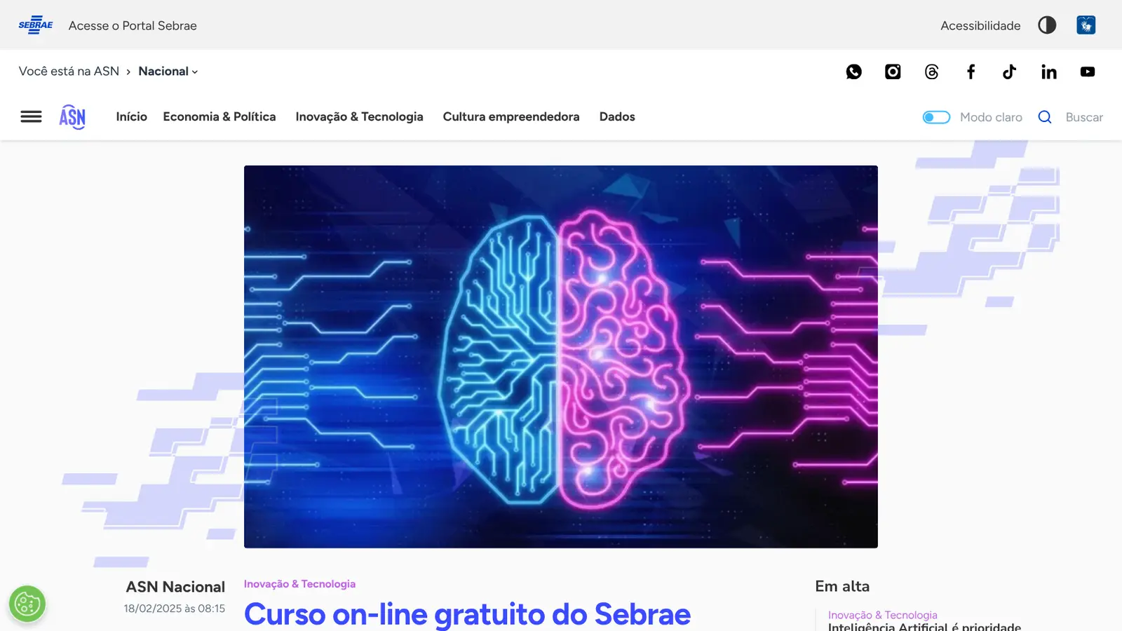 Página da Agência Sebrae sobre o curso gratuito de IA para pequenos negócios