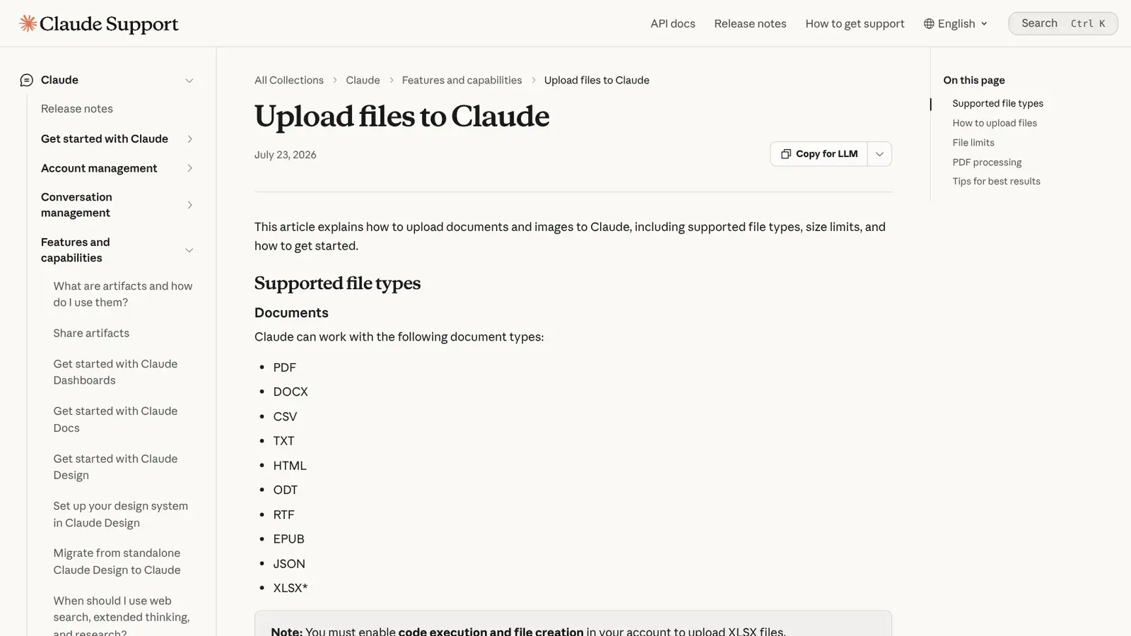 Central de Ajuda do Claude com a lista de tipos de arquivo aceitos, entre eles PDF