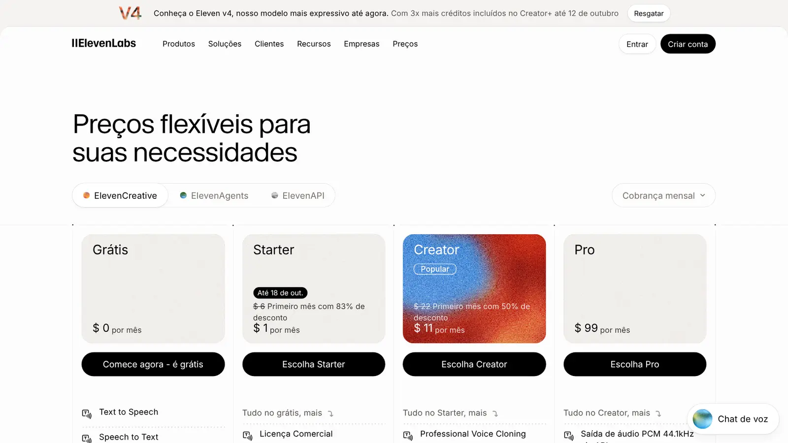 Página de preços da ElevenLabs em português com os planos Grátis, Starter, Creator e Pro