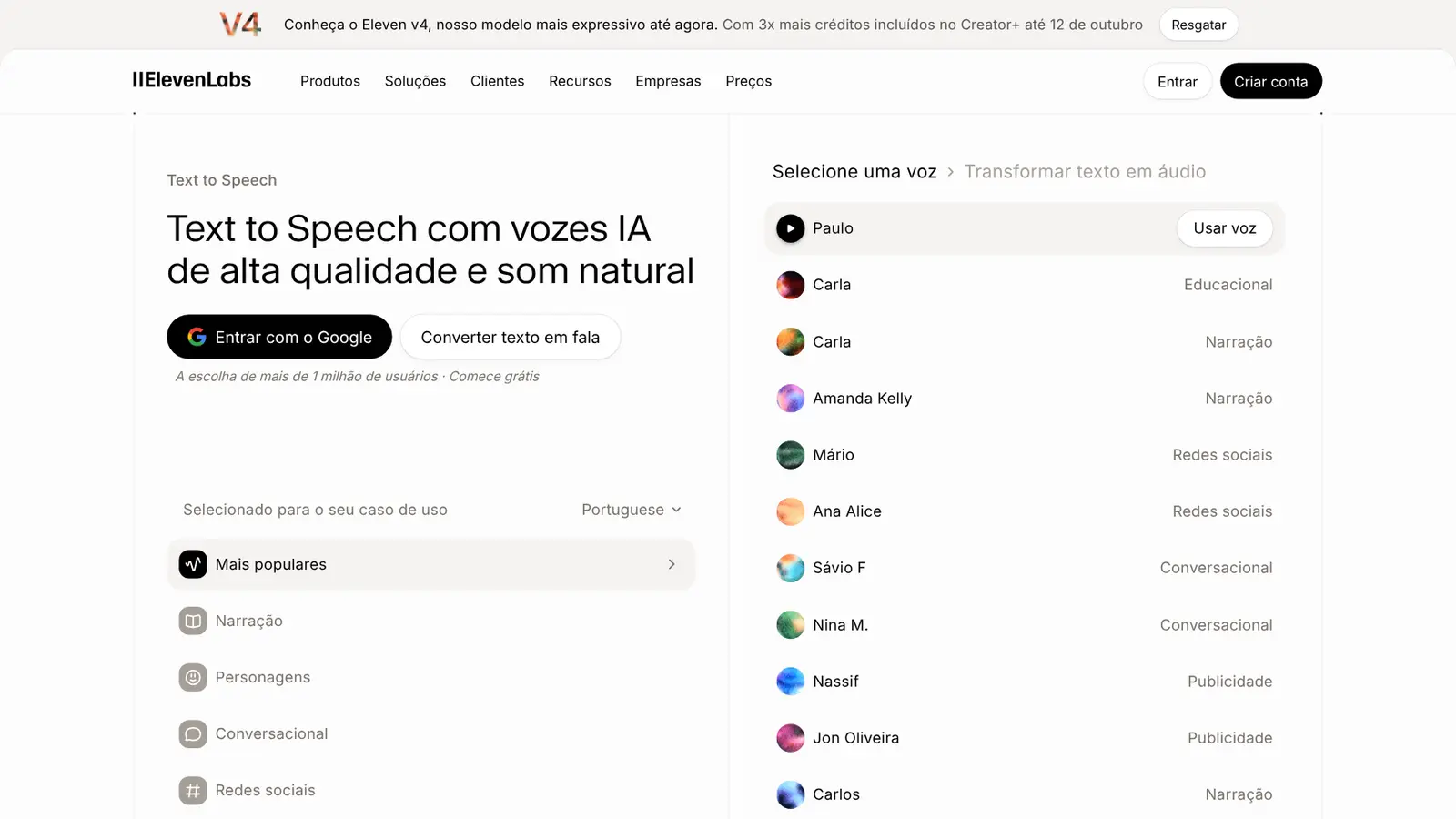 Página de texto para voz do ElevenLabs em português, com a lista de vozes e o botão para converter texto em fala