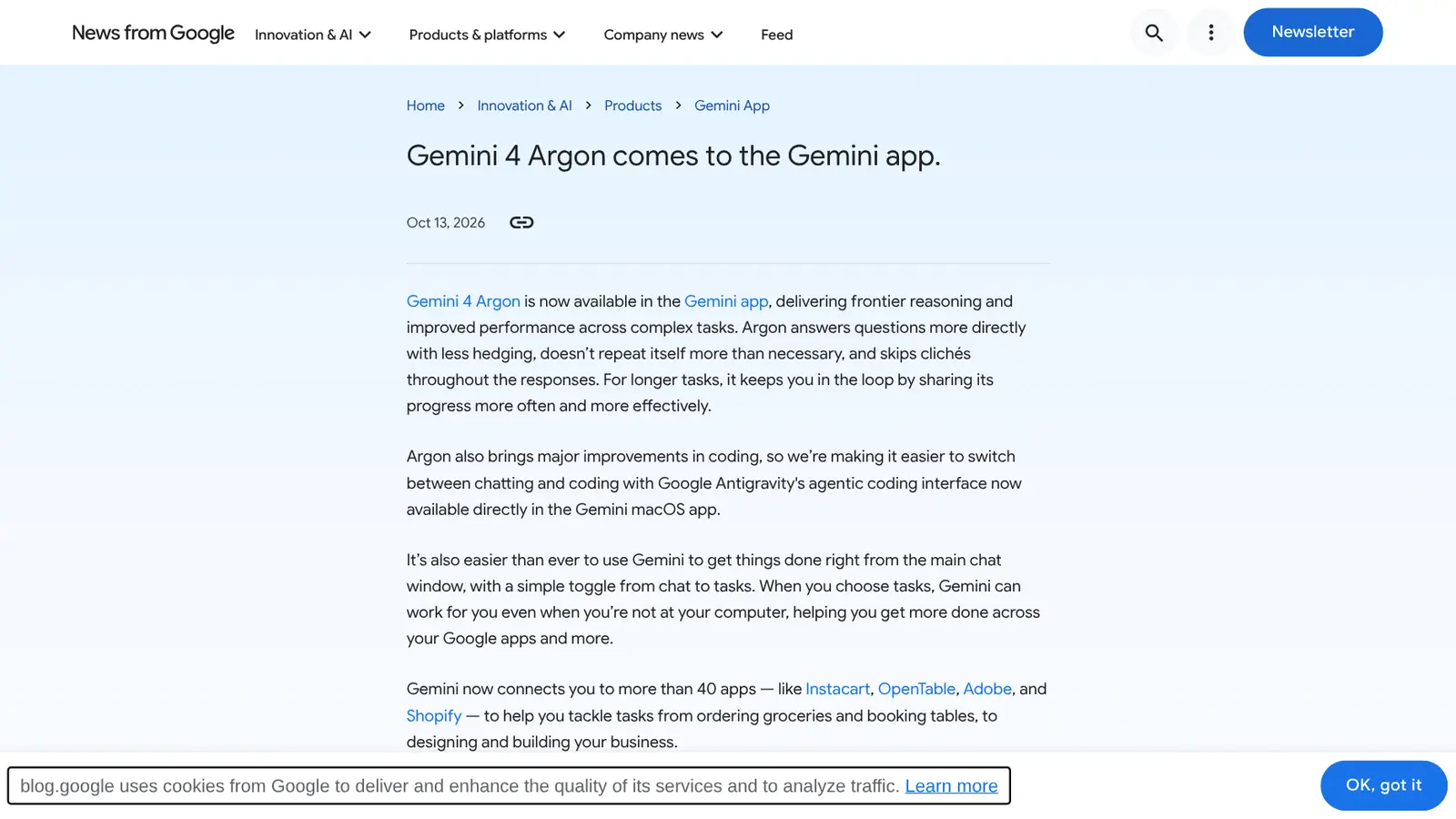 Página do Google sobre a chegada do Gemini 4 Argon ao app Gemini