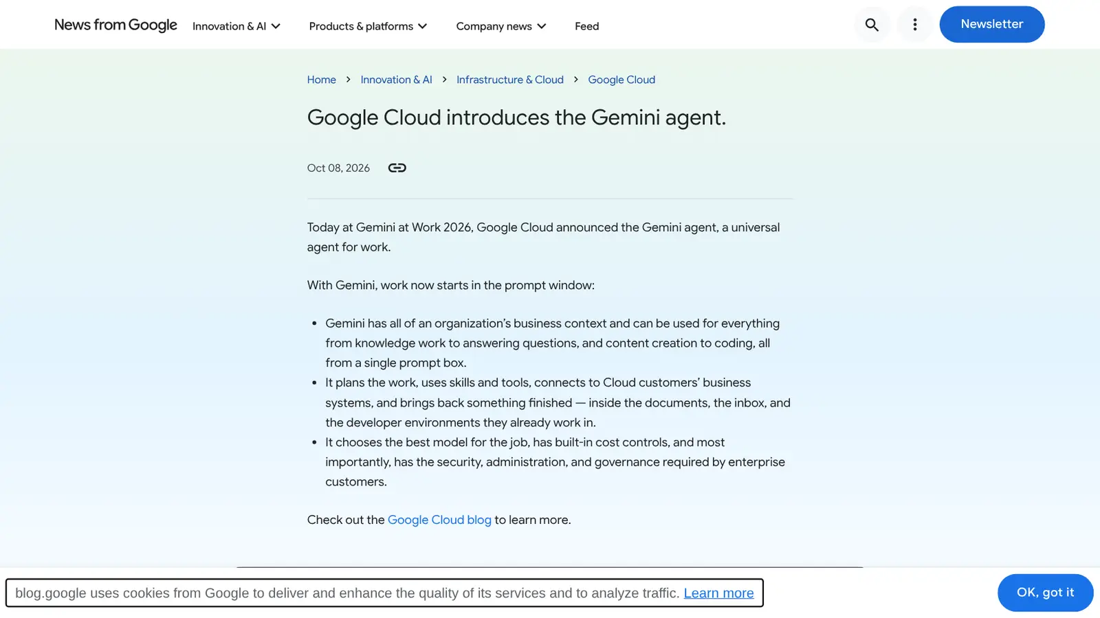 Anúncio oficial do Gemini Agent no blog do Google, datado de 8 de outubro de 2026