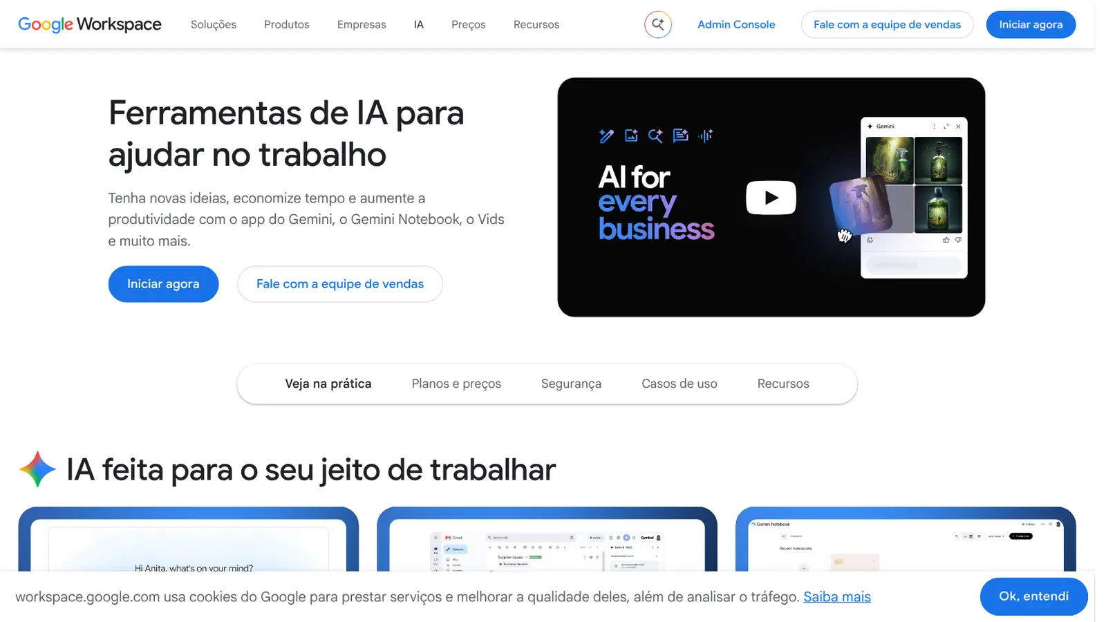 Página do Google Workspace sobre ferramentas de IA para o trabalho, em português