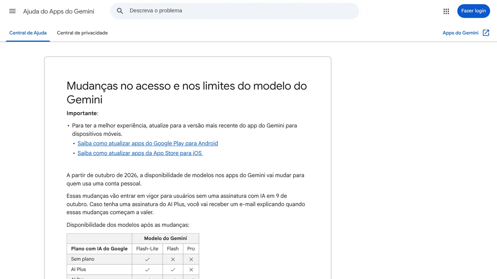 Central de ajuda do Gemini com a tabela de modelos por plano: sem plano só tem Flash-Lite