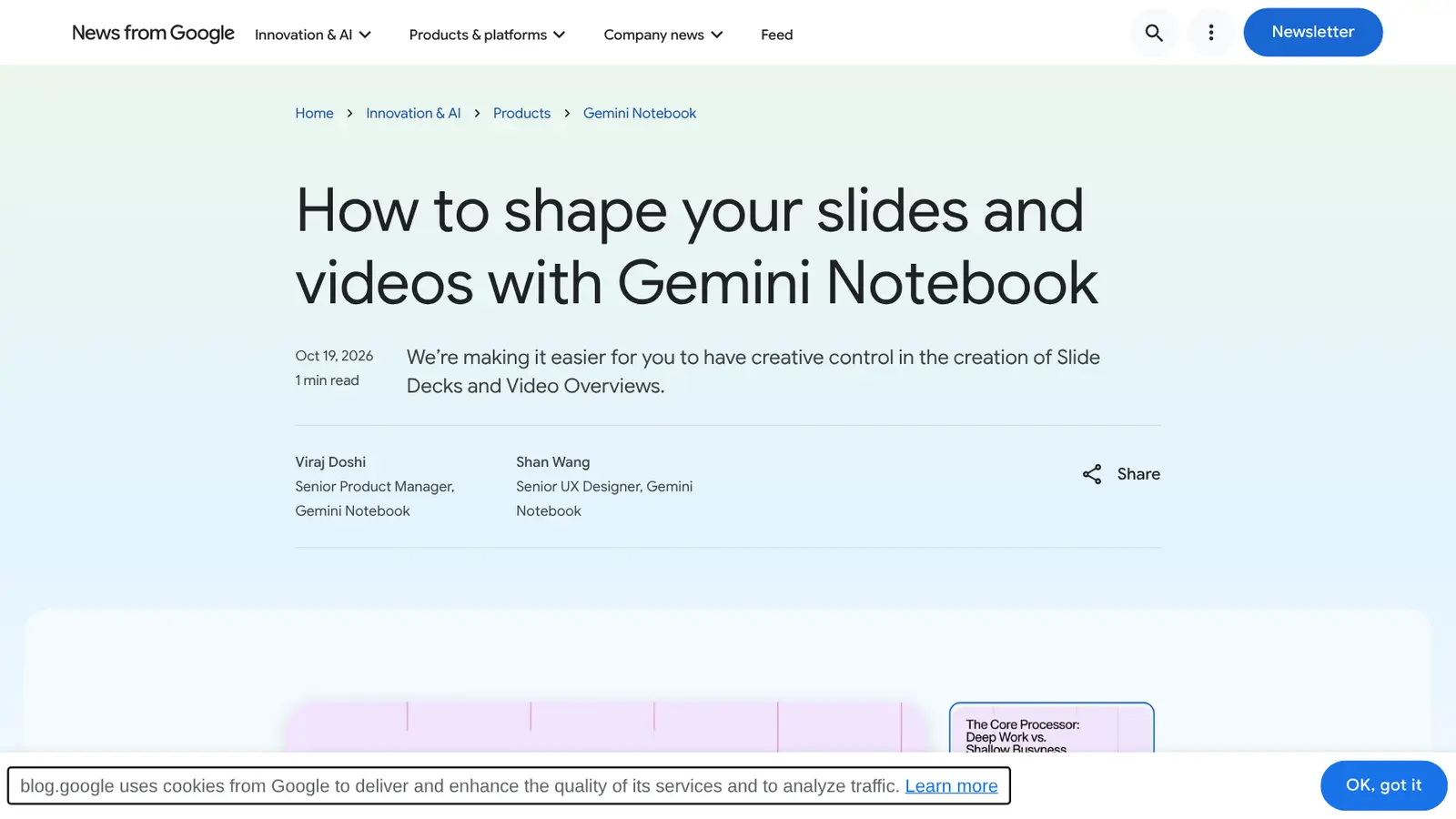 Página do blog do Google com o título "How to shape your slides and videos with Gemini Notebook", de 19 de outubro de 2026