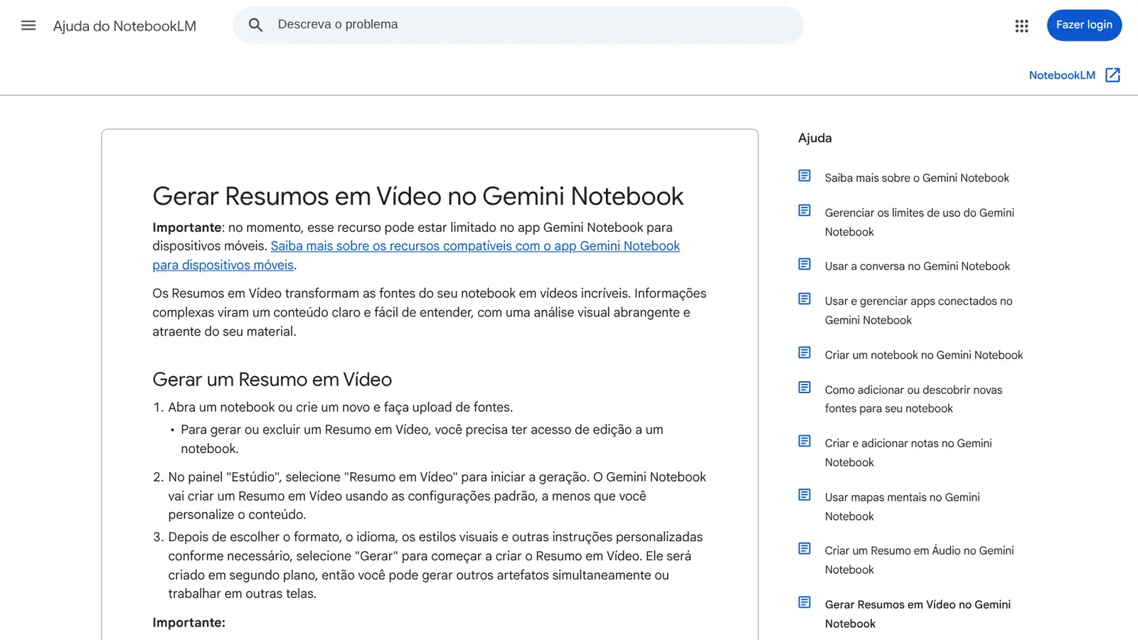 Central de Ajuda do Gemini Notebook em português, na página "Gerar Resumos em Vídeo no Gemini Notebook"