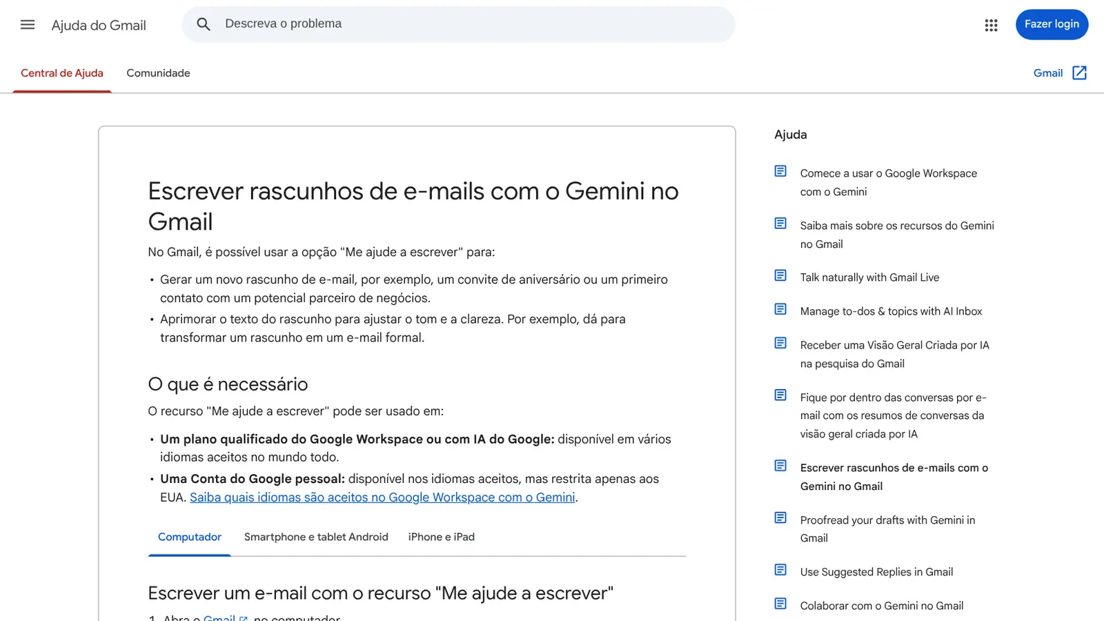 Página de ajuda do Gmail explicando o recurso Me ajude a escrever