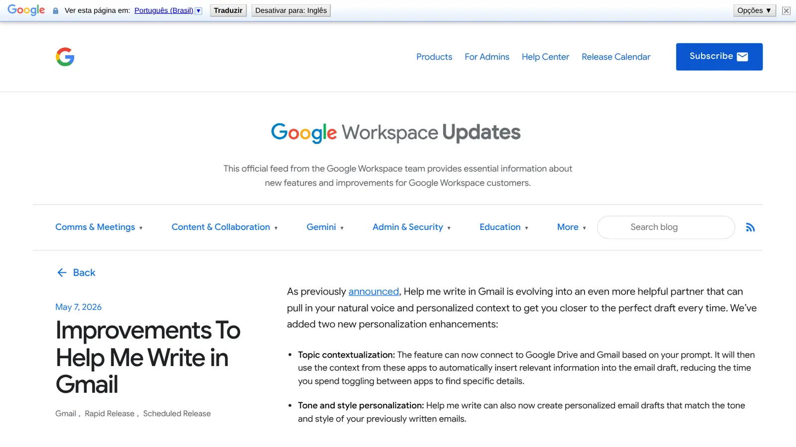 Anúncio das melhorias do Me ajude a escrever no blog do Google Workspace