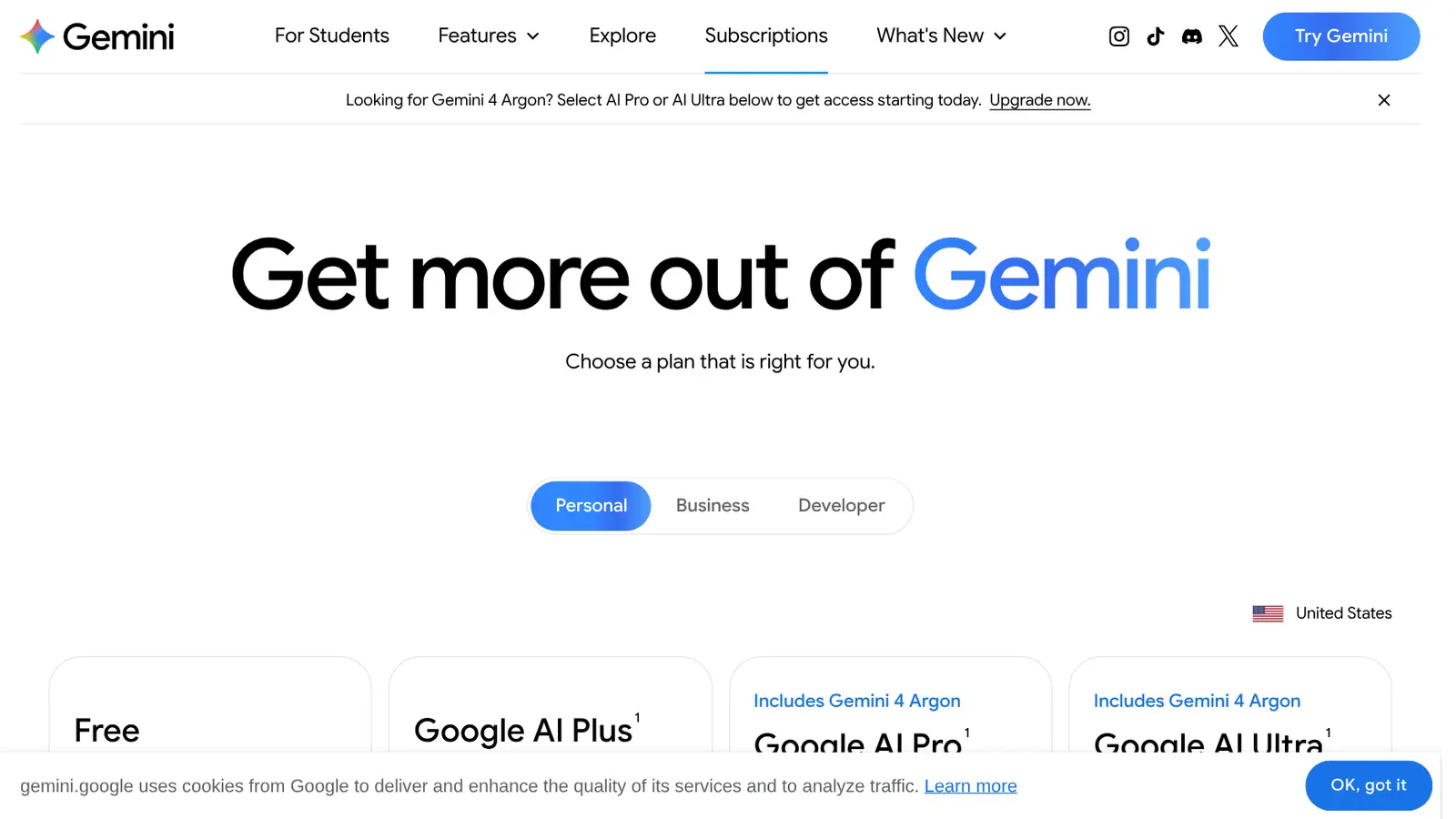 Página de assinaturas do Gemini com a faixa "Looking for Gemini 4 Argon? Select AI Pro or AI Ultra" e os planos Free, AI Plus, AI Pro e AI Ultra