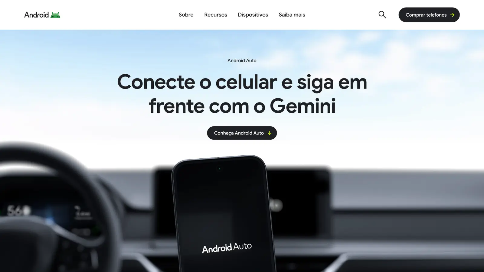 Página oficial do Android Auto com o título Conecte o celular e siga em frente com o Gemini