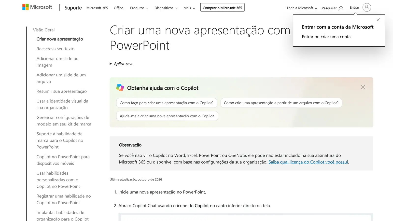 Página de suporte da Microsoft explicando como criar uma apresentação com o Copilot no PowerPoint
