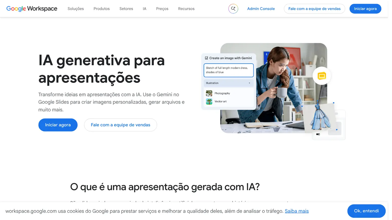Página do Google Workspace sobre IA generativa para apresentações, com o Gemini no Google Slides