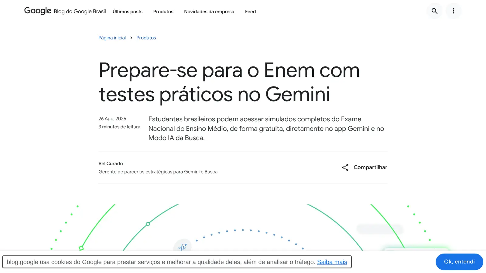 Post do Blog do Google Brasil anunciando os testes práticos do Enem no Gemini