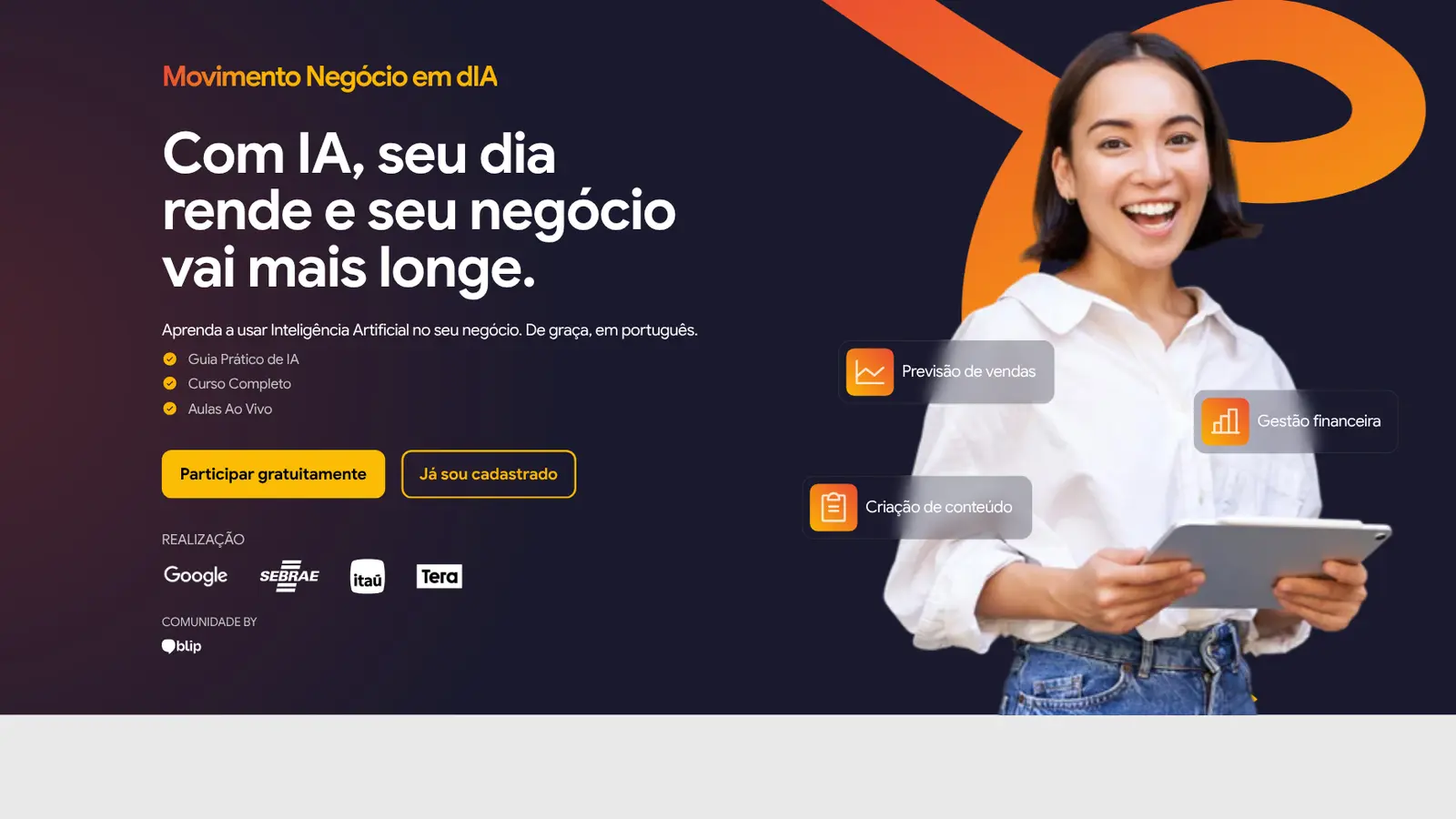 Página inicial do movimento Negócio em dIA, com os botões para participar gratuitamente