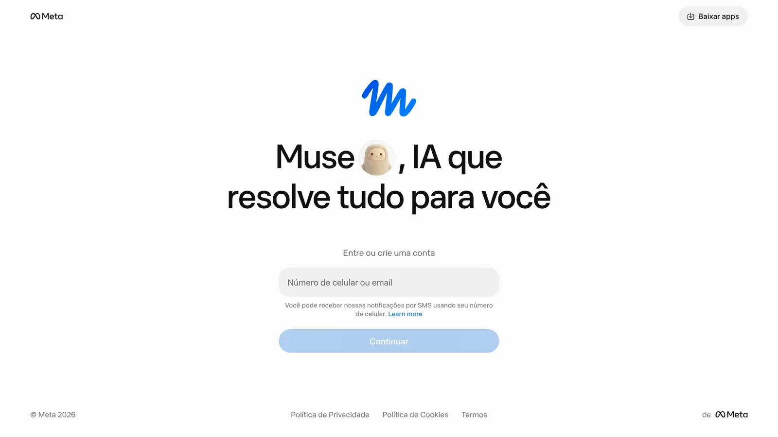 Página inicial do site muse.ai, em português, com o texto "Muse, IA que resolve tudo para você" e campo para entrar com celular ou e-mail
