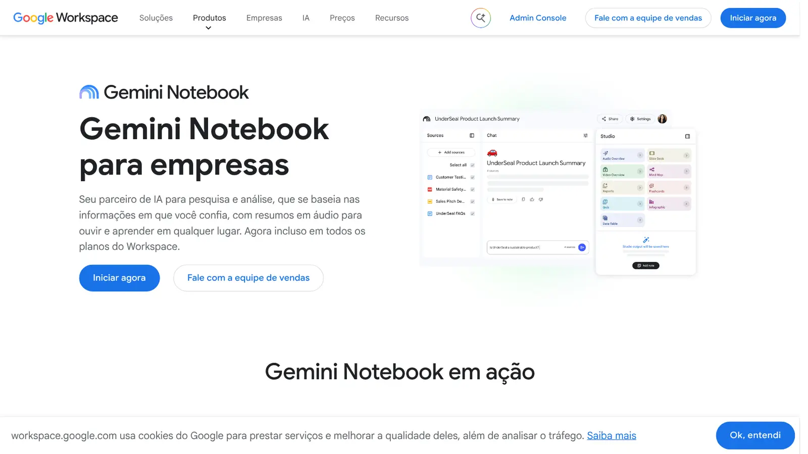 Tela do Gemini Notebook com fontes à esquerda, chat no centro e painel Estúdio à direita