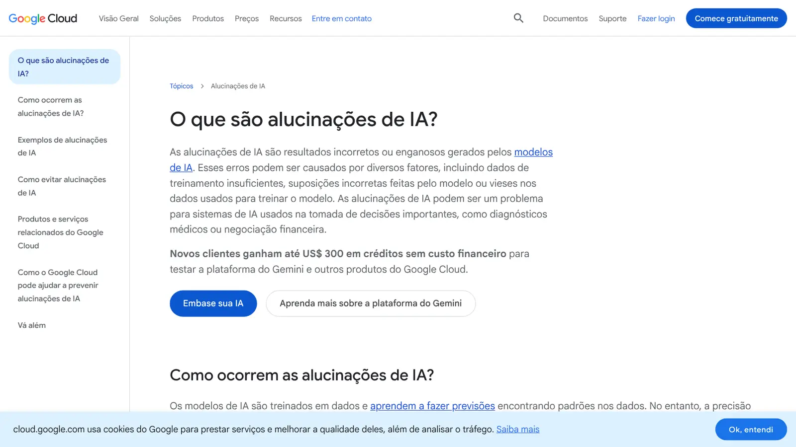 Página do Google Cloud explicando o que são alucinações de IA e como evitá-las