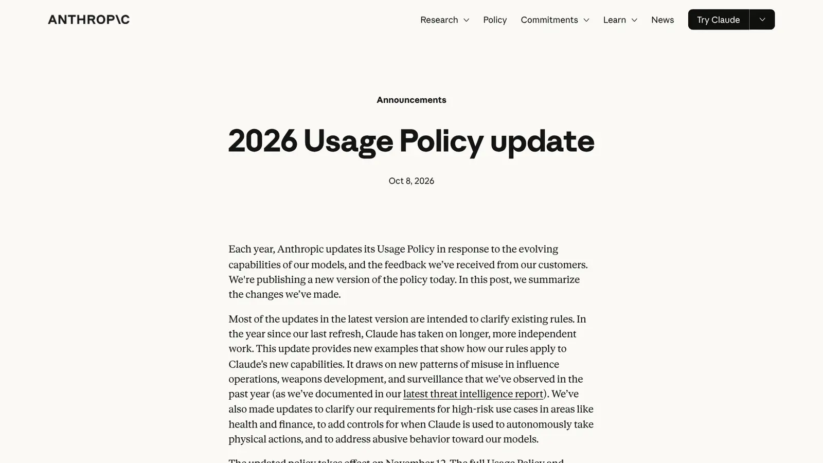 Anúncio da atualização da política de uso da Anthropic, publicado em 8 de outubro de 2026